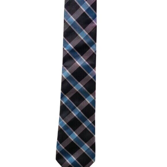 Men's Plaid Tie Blue Black Gray Diagonal Striped Skinny Neck Accessory - Picture 6 of 7